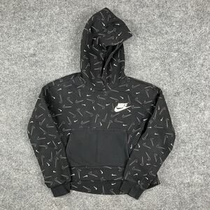 Nike Hoodie Girls Large Black‎ Pullover Swoosh Print Athletic Sweatshirt
